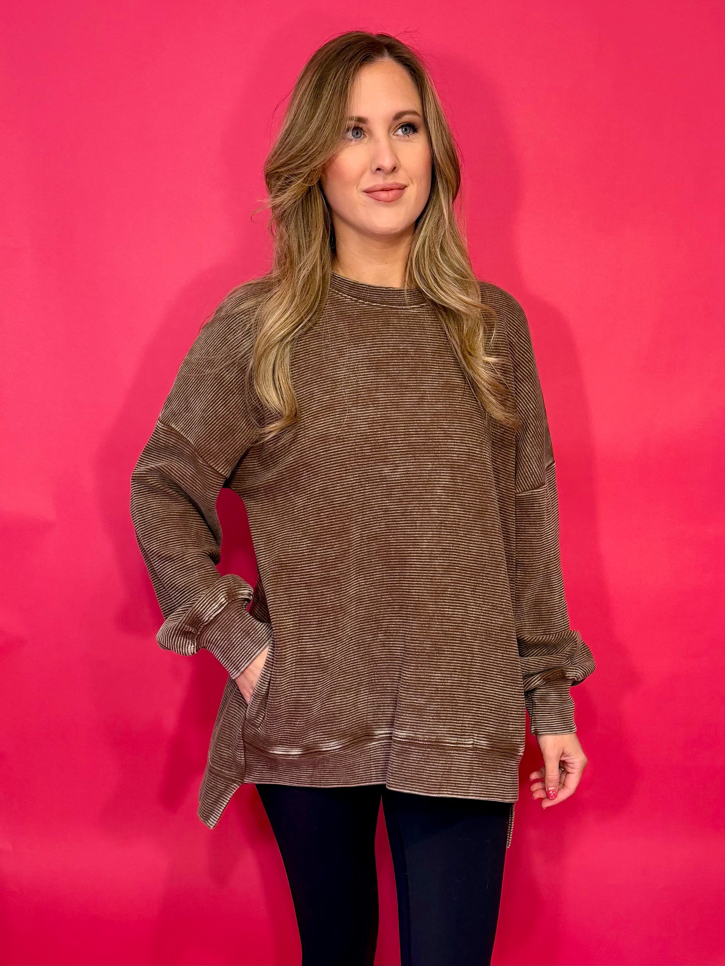 Brown Acid Washed Ribbed Pullover