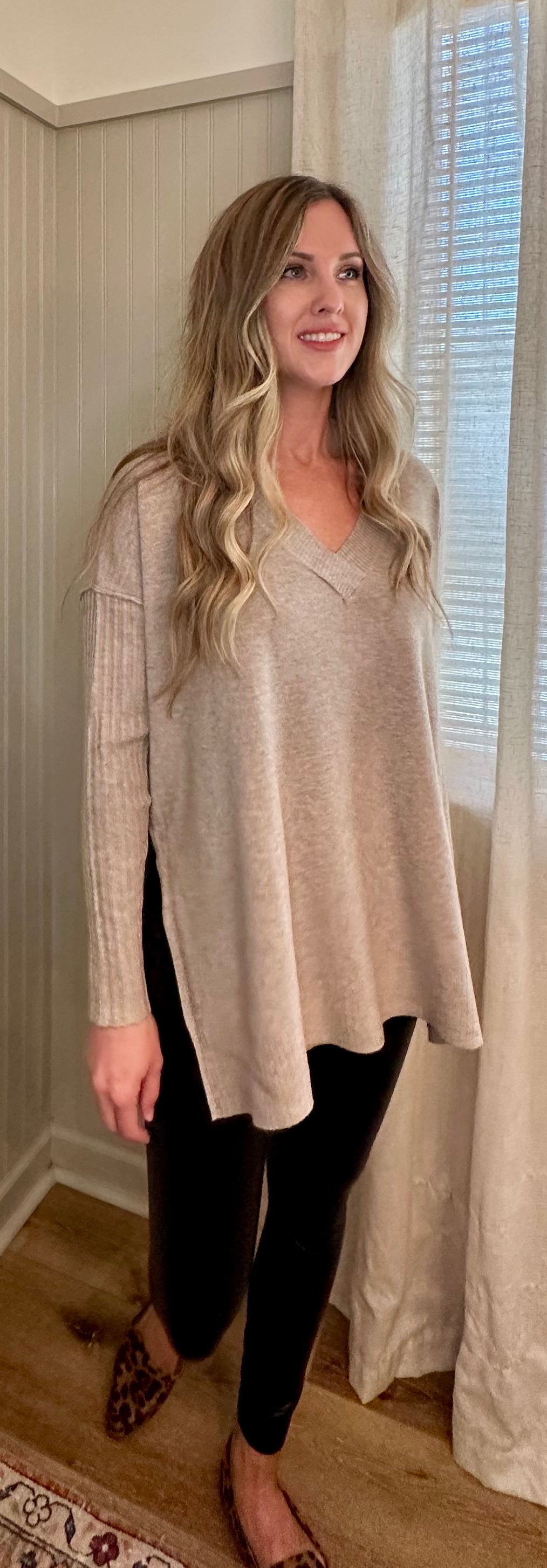 Ribbed Sleeve V-Neck Sweater