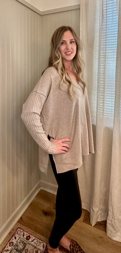 Ribbed Sleeve V-Neck Sweater