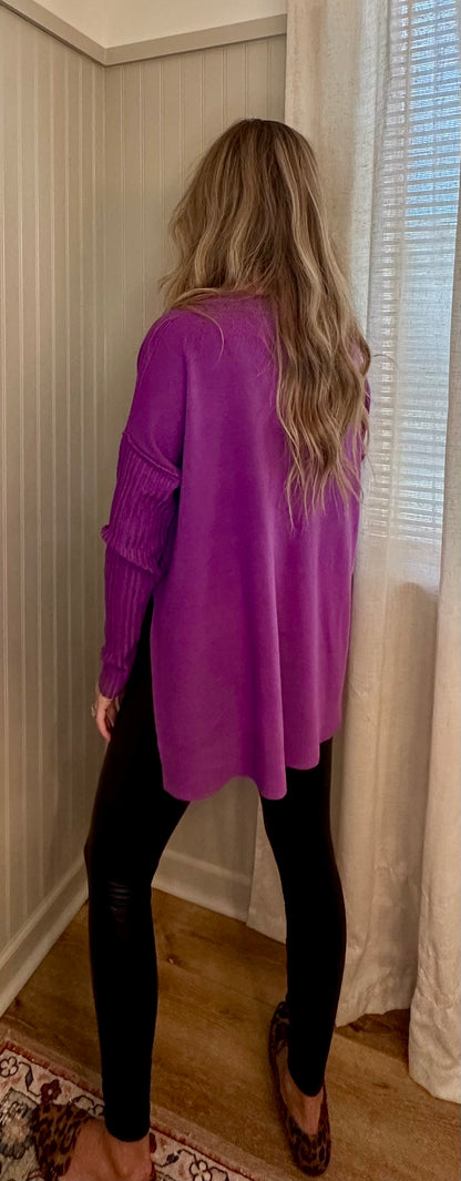 Ribbed Sleeve V-Neck Sweater