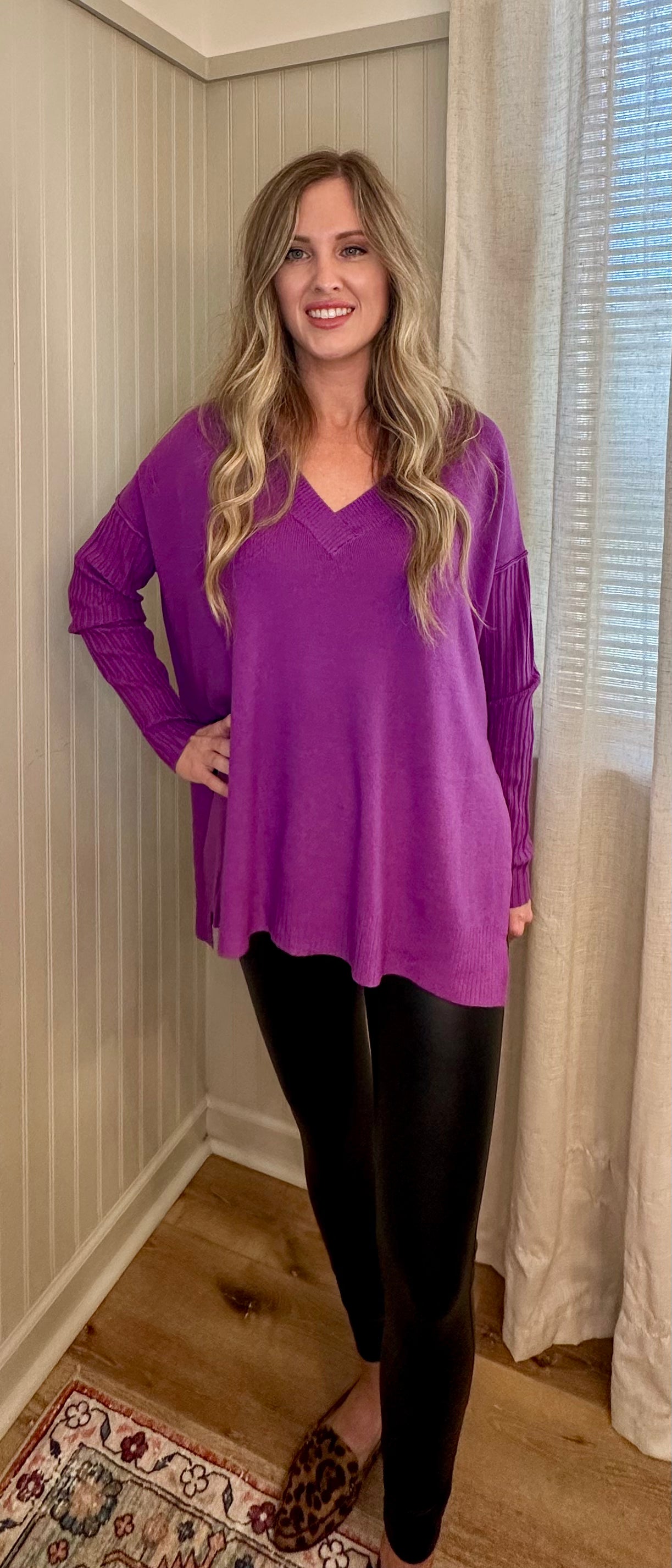 Ribbed Sleeve V-Neck Sweater