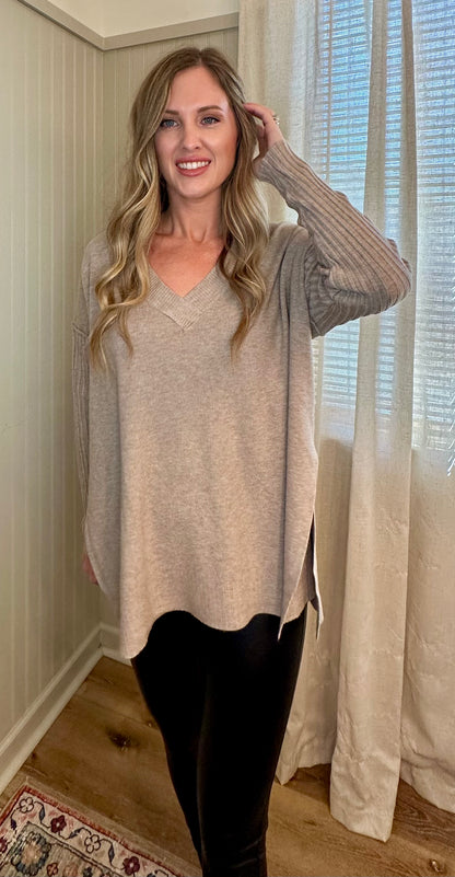 Ribbed Sleeve V-Neck Sweater