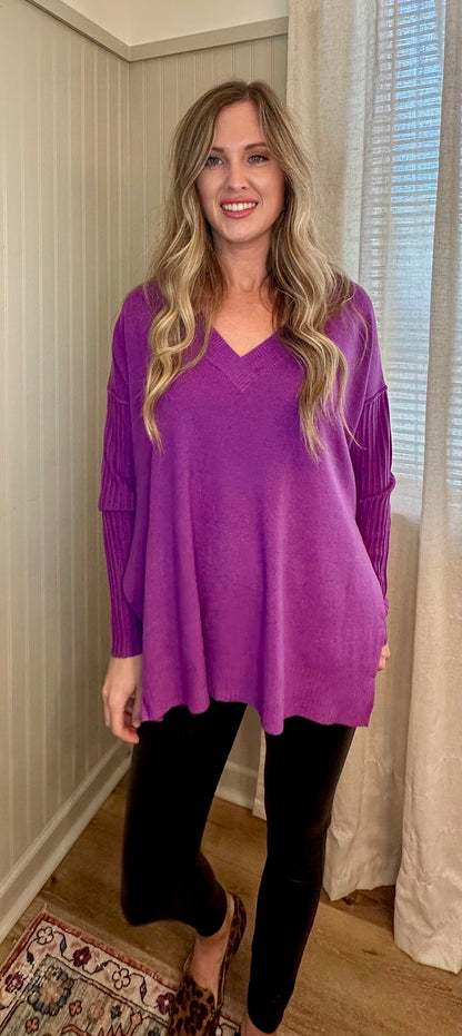 Ribbed Sleeve V-Neck Sweater