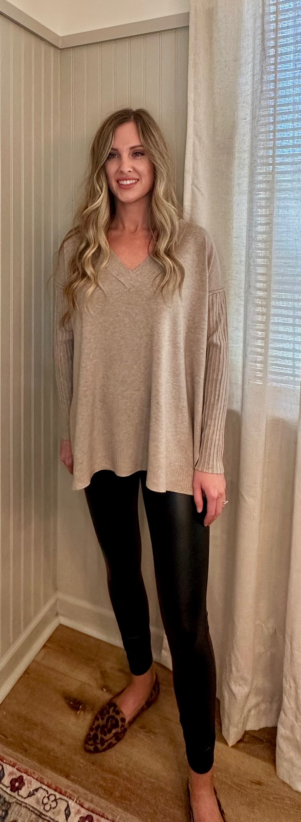 Ribbed Sleeve V-Neck Sweater