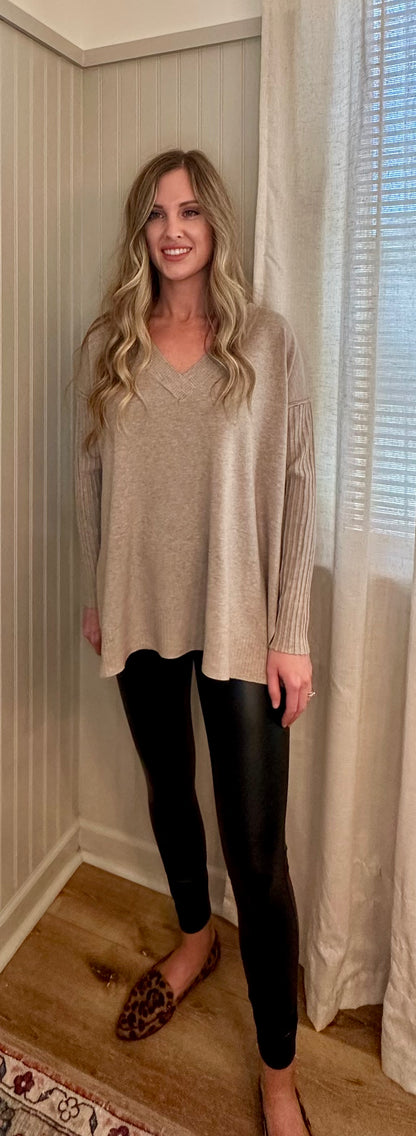 Ribbed Sleeve V-Neck Sweater
