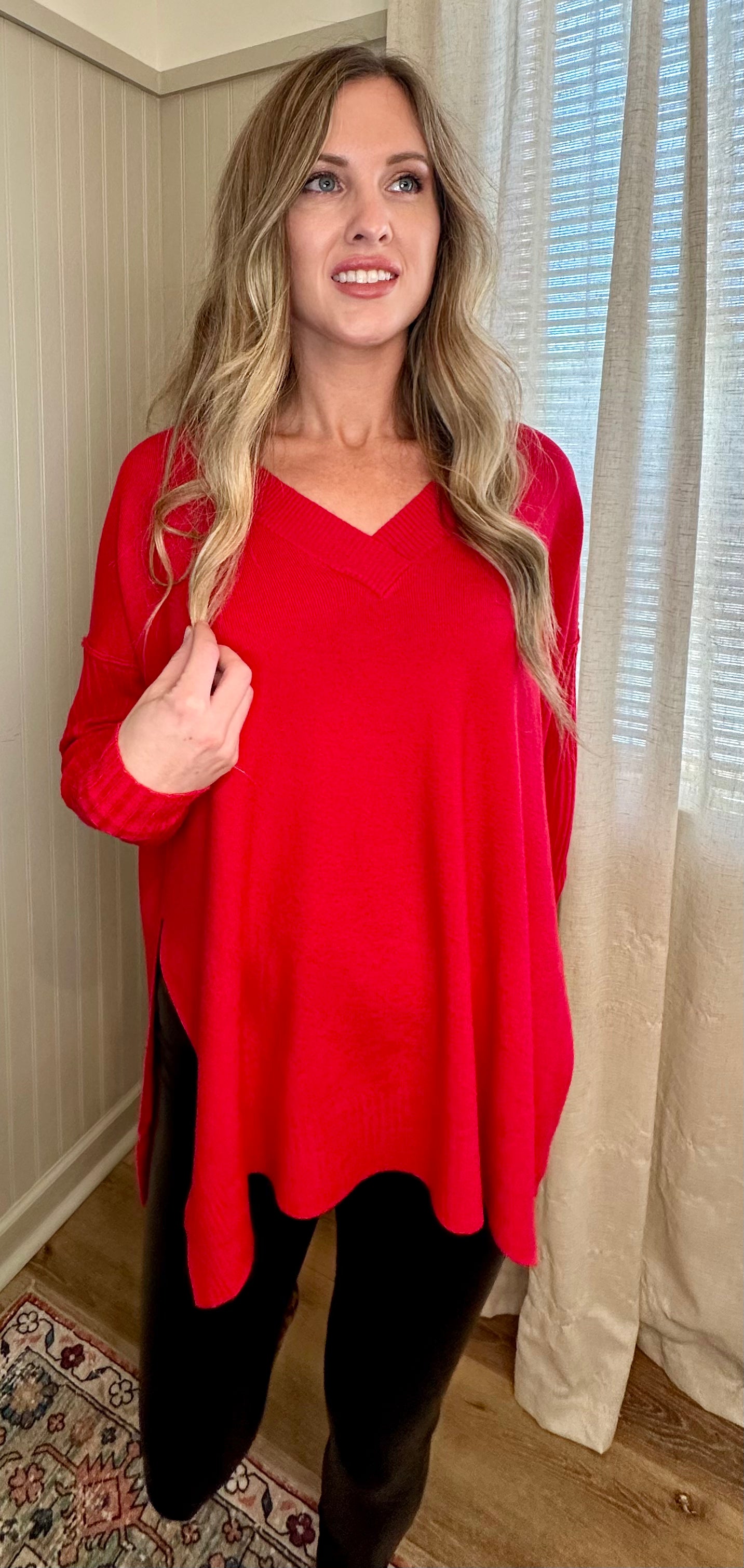 Ribbed Sleeve V-Neck Sweater