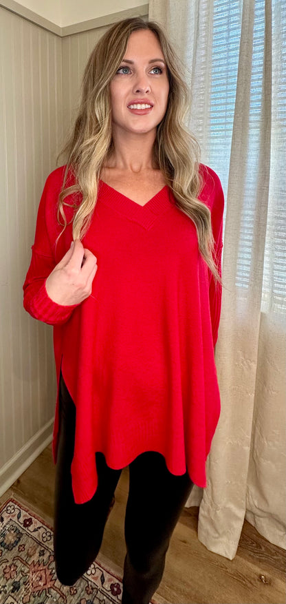 Ribbed Sleeve V-Neck Sweater