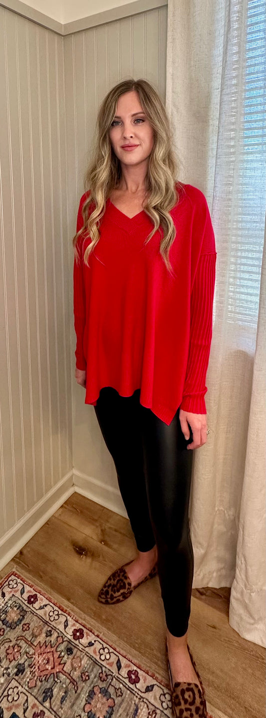 Ribbed Sleeve V-Neck Sweater