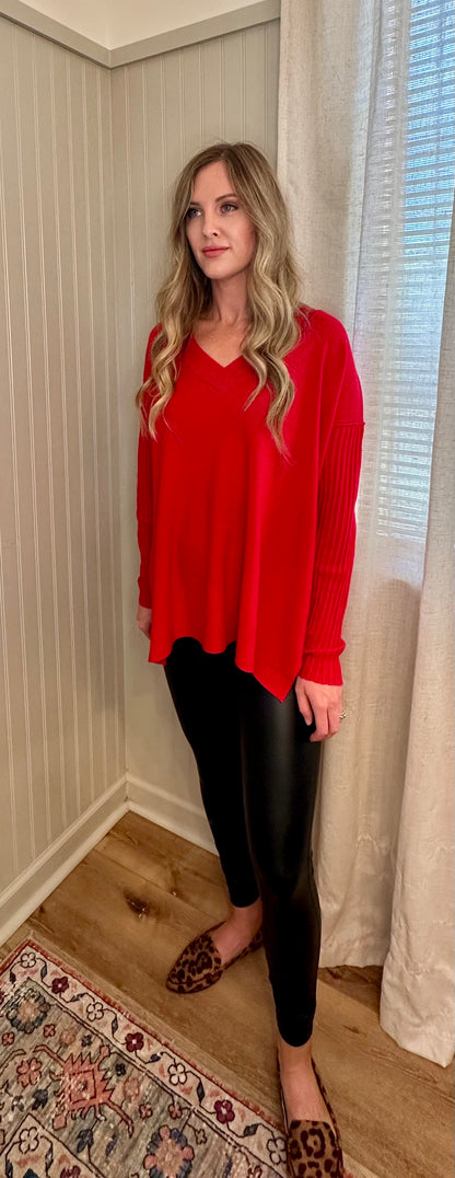 Ribbed Sleeve V-Neck Sweater
