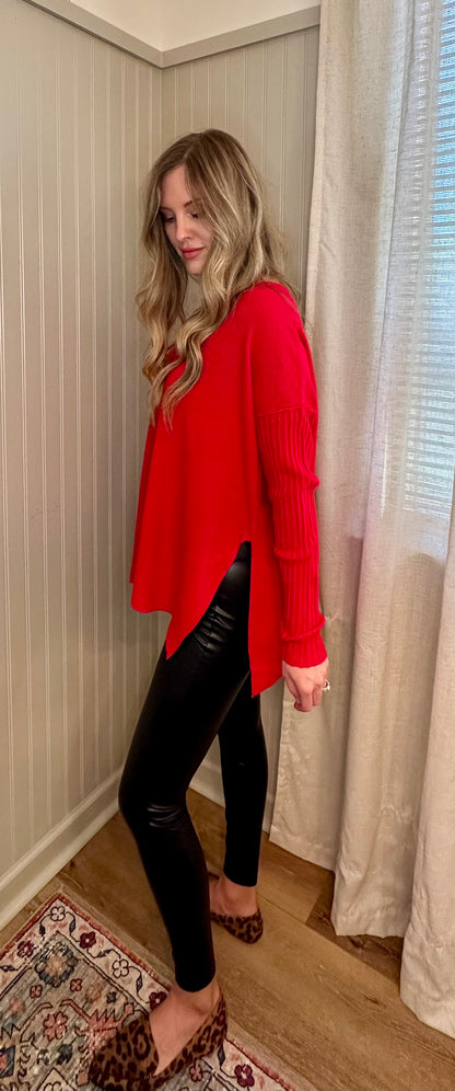Ribbed Sleeve V-Neck Sweater