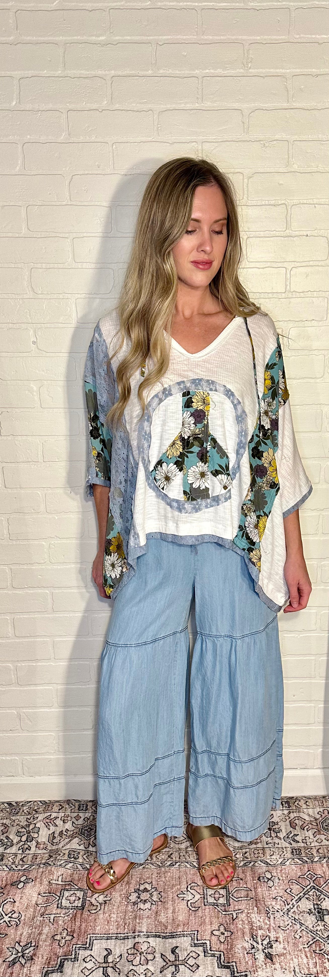 Washed Denim Tiered Wide Leg Pants