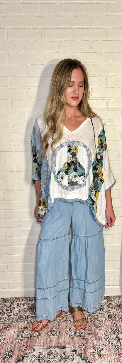 Washed Denim Tiered Wide Leg Pants
