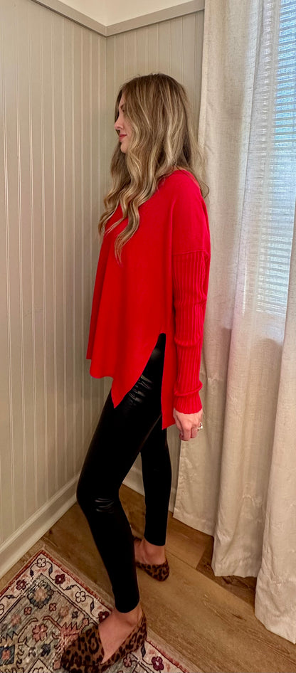 Ribbed Sleeve V-Neck Sweater