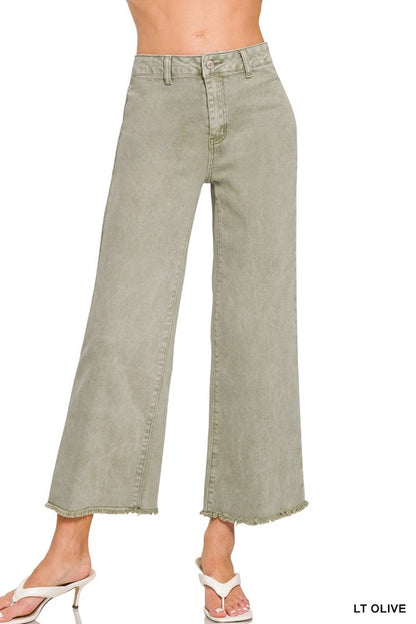 High Waist Frayed Hem Denim Pants - Green