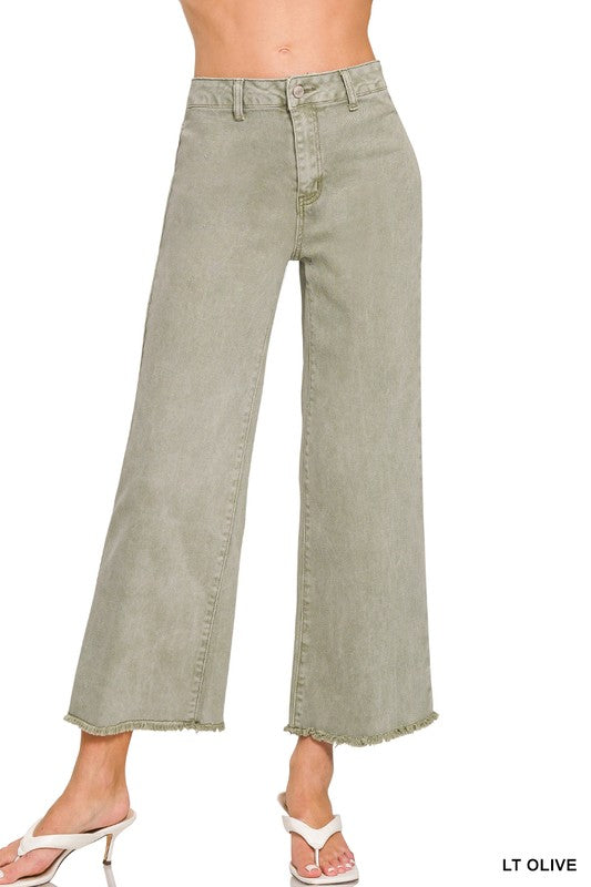 High Waist Frayed Hem Denim Pants - Green