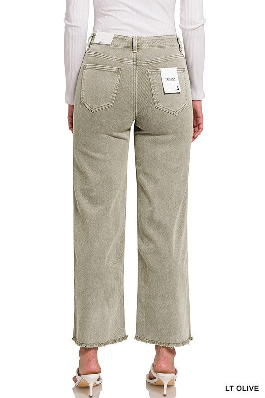 High Waist Frayed Hem Denim Pants - Green