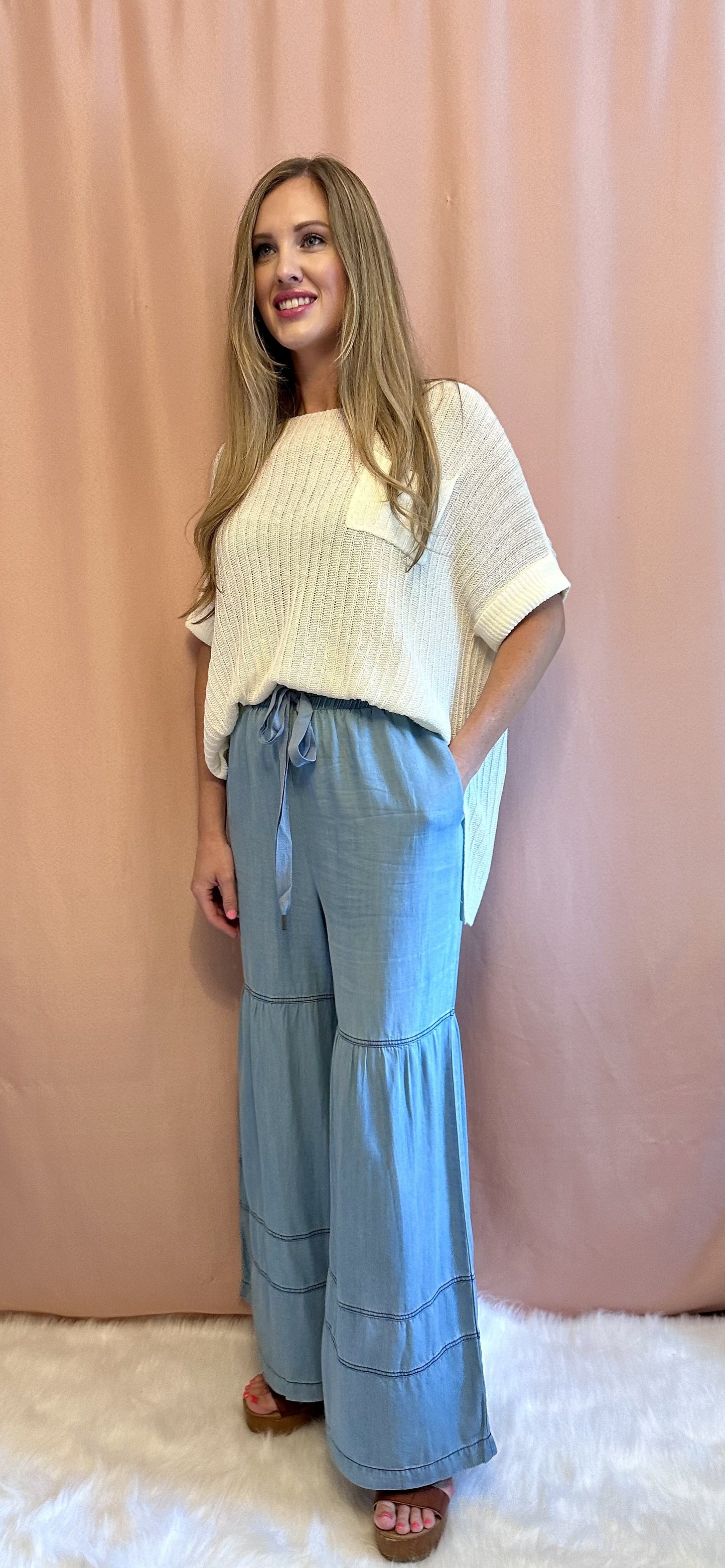 Washed Denim Tiered Wide Leg Pants