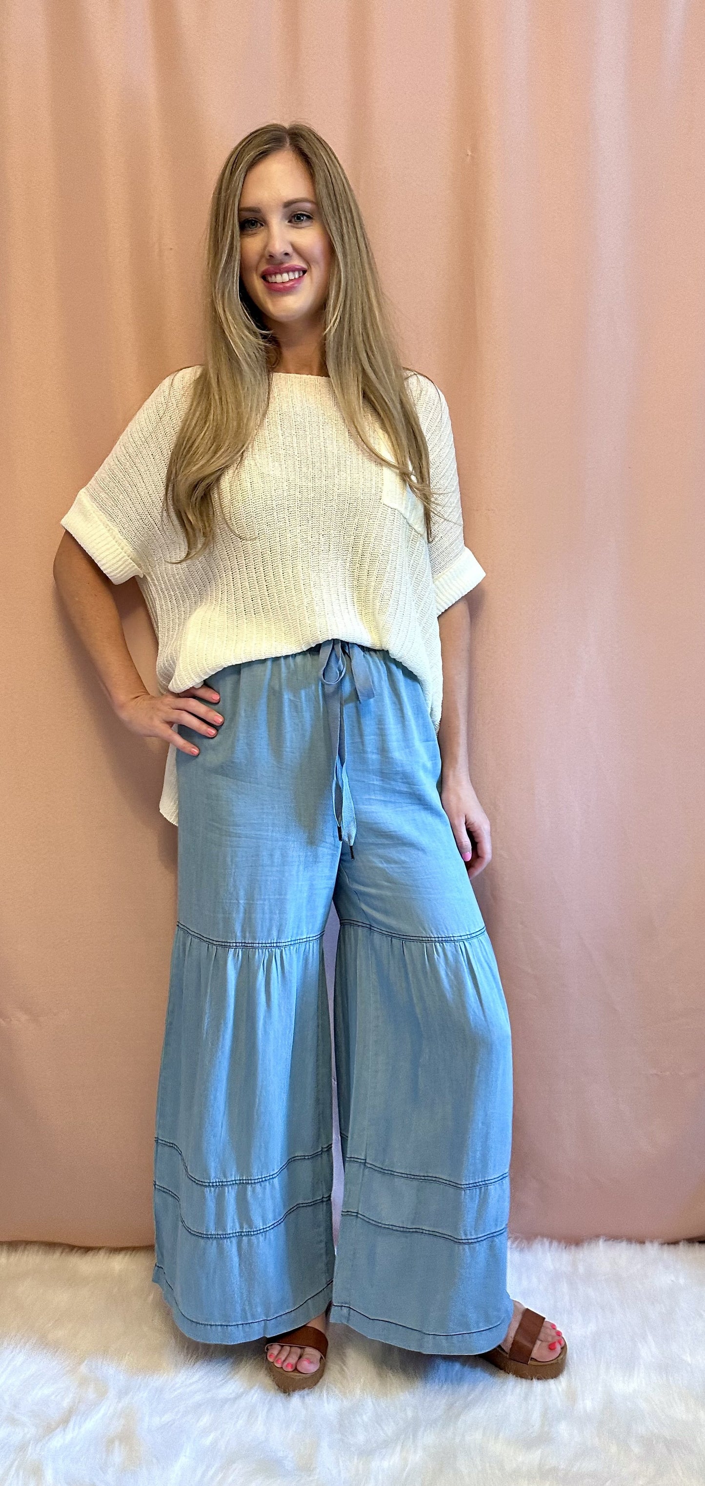Washed Denim Tiered Wide Leg Pants