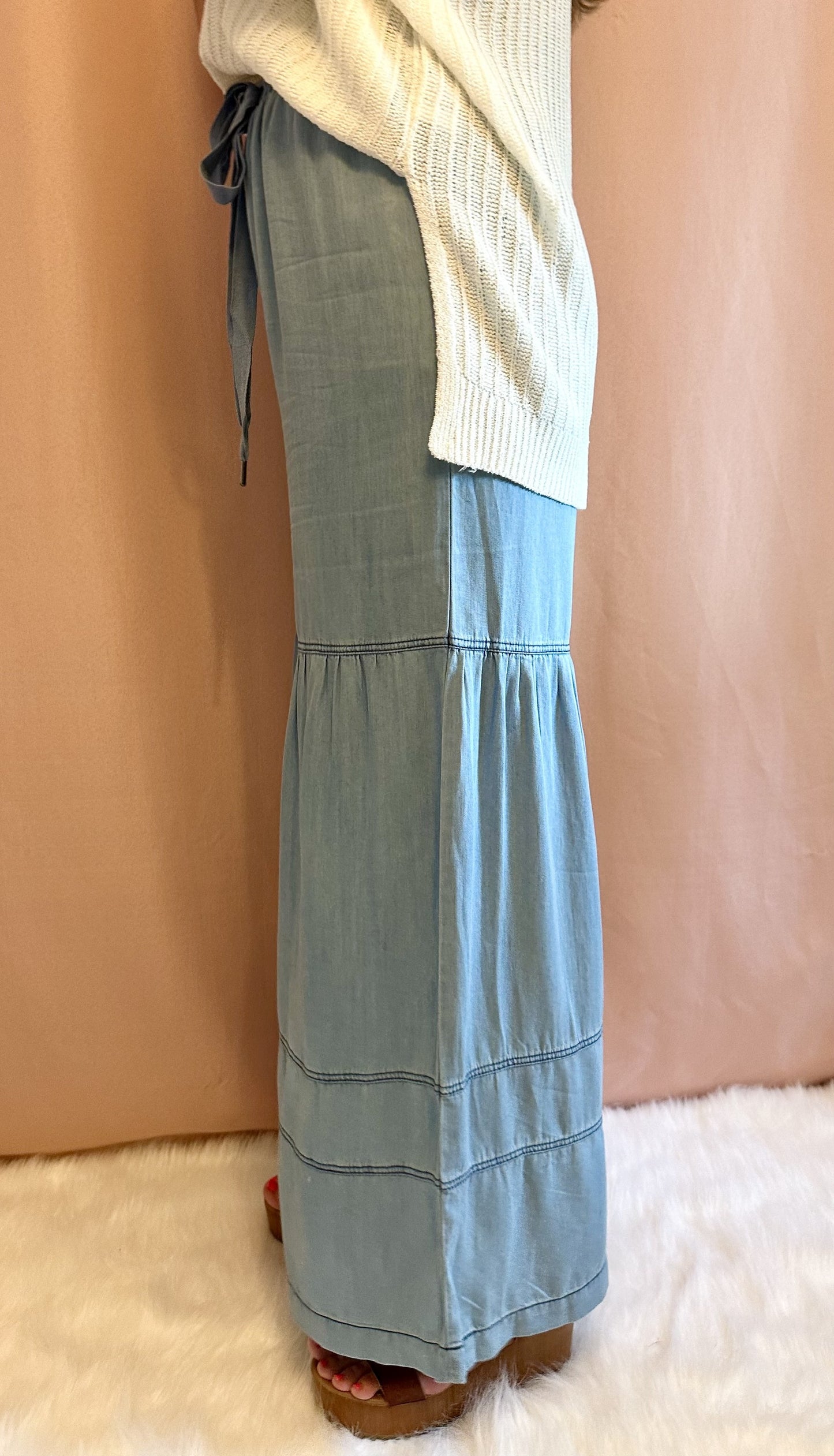 Washed Denim Tiered Wide Leg Pants