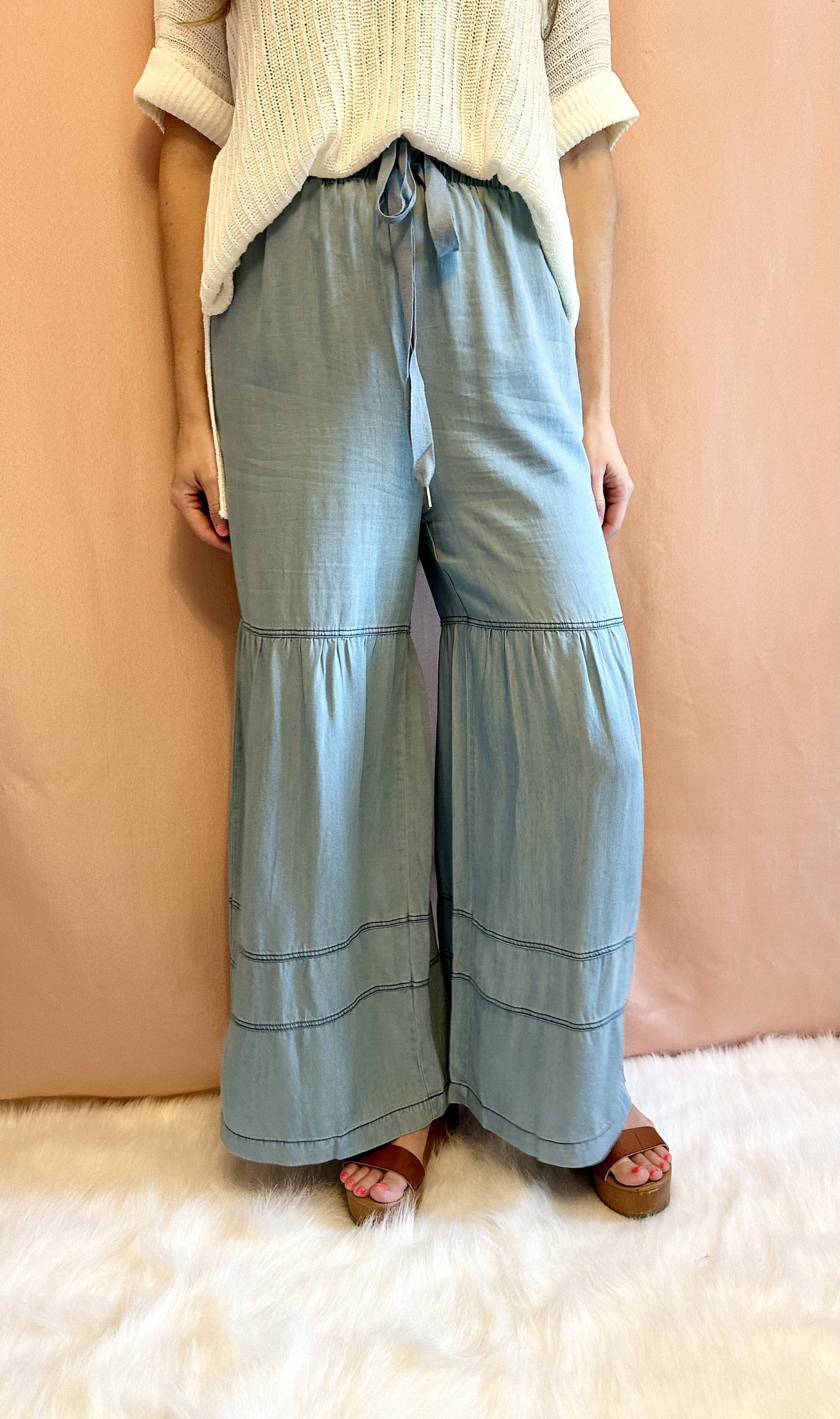 Washed Denim Tiered Wide Leg Pants