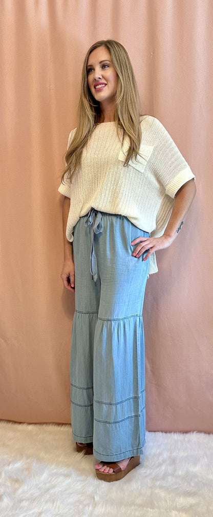 Washed Denim Tiered Wide Leg Pants