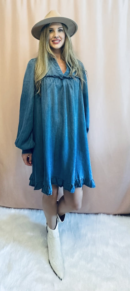 WASHED DENIM RUFFLE BOTTOM DRESS
