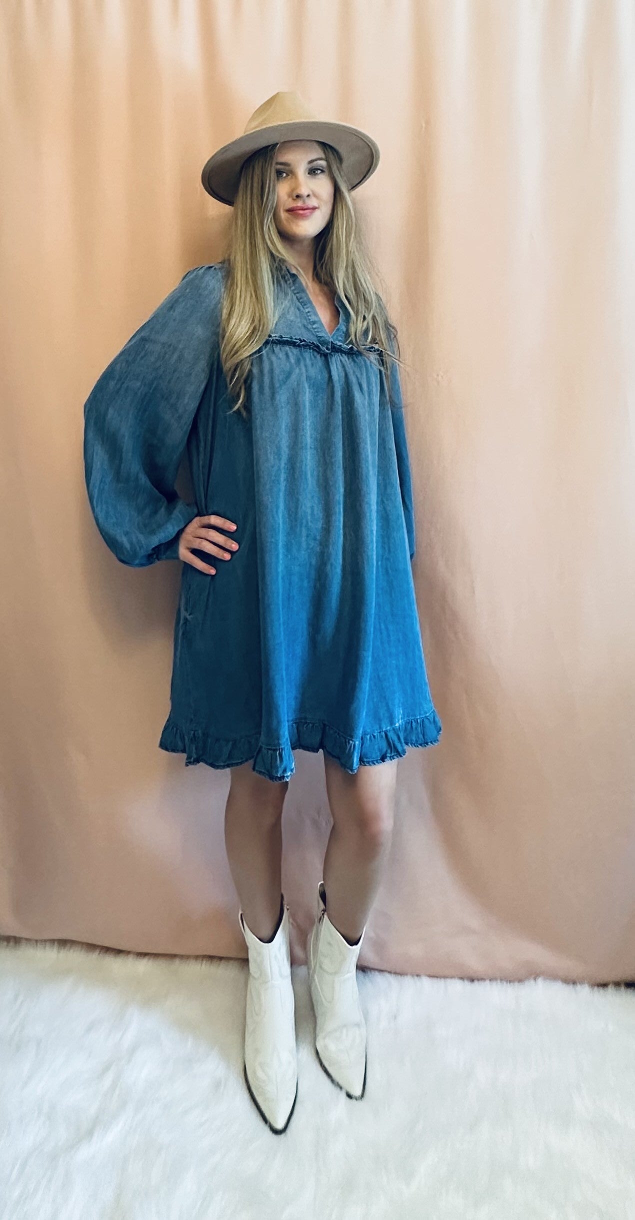 WASHED DENIM RUFFLE BOTTOM DRESS