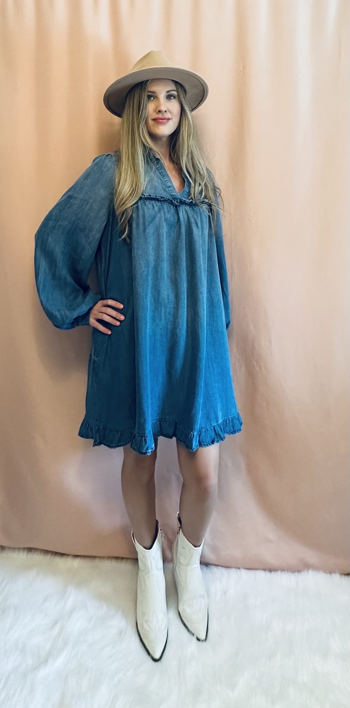 WASHED DENIM RUFFLE BOTTOM DRESS