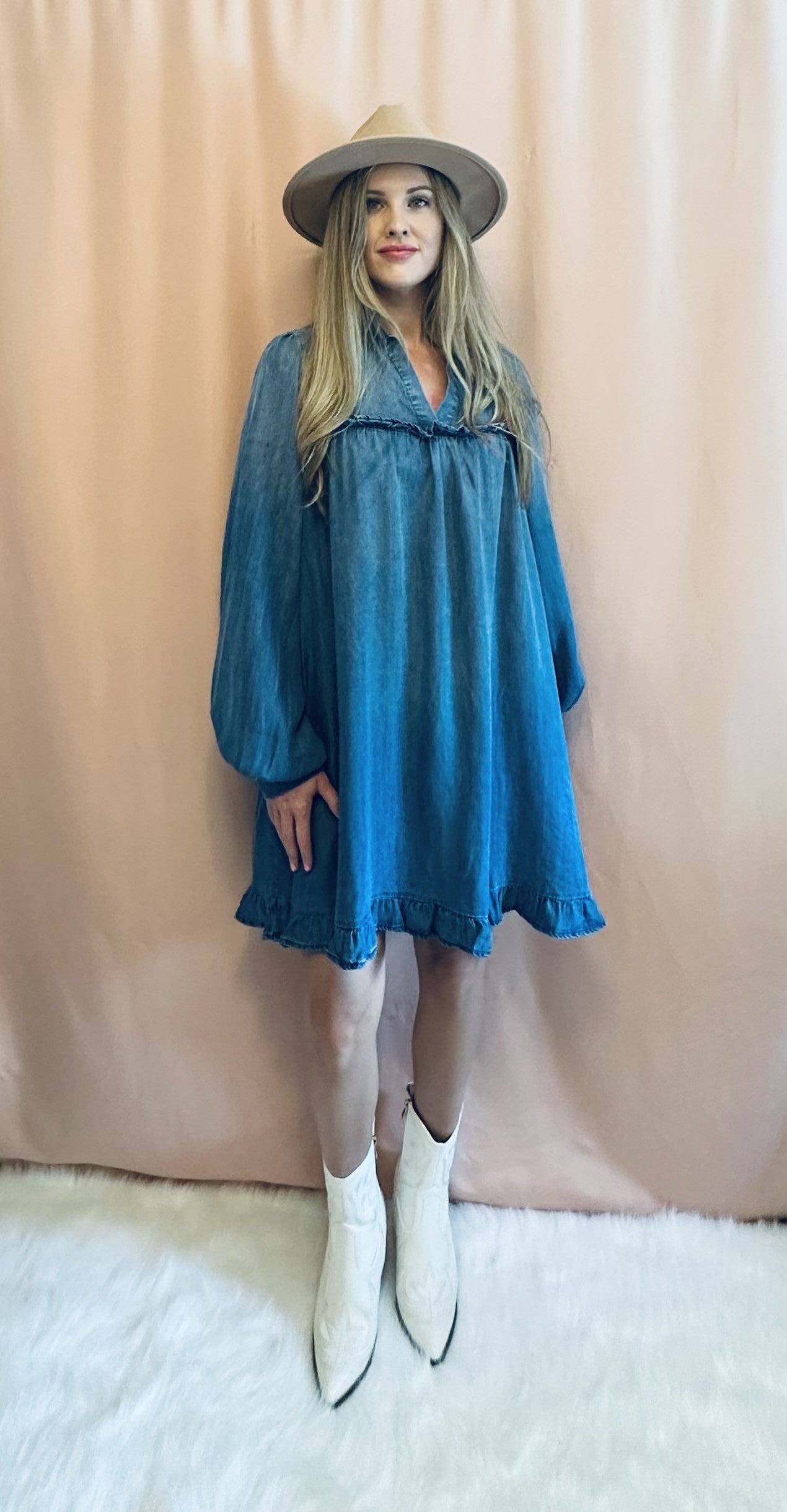 WASHED DENIM RUFFLE BOTTOM DRESS