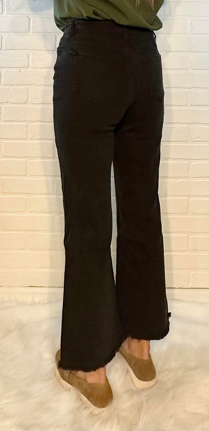High Waist Frayed Hem Denim Pants - Black